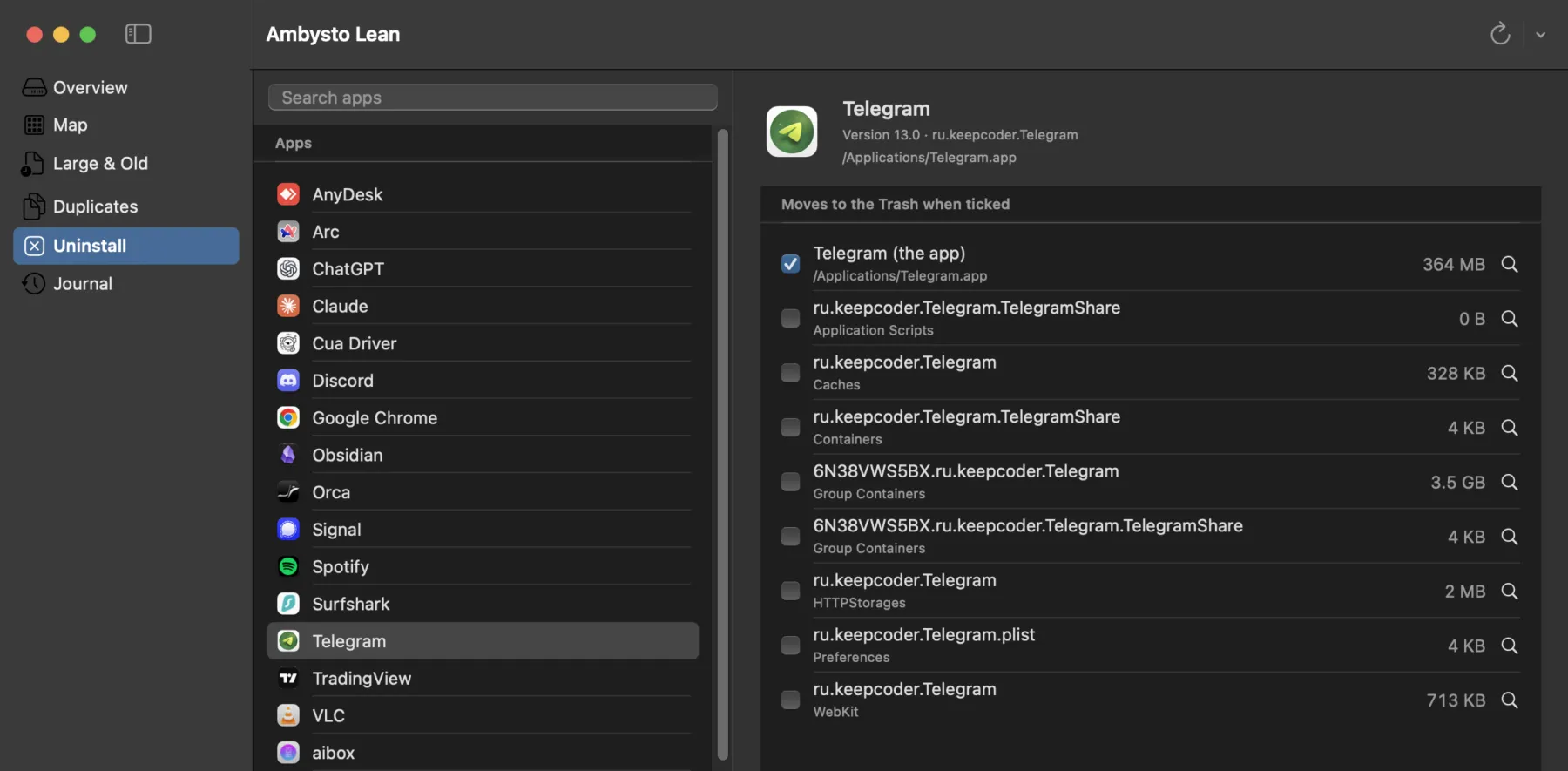 Uninstall view for Telegram: the app ticked, with unticked leftovers listed by folder and size